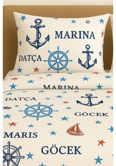 Çift Kişilik Desenli Nevresim + 2 Adet Kapaklı Yastık Kılıfı Deniz Mavisi