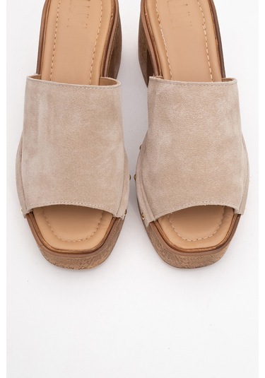 Pull Bej Süet Hakiki Deri Kadın Platform Topuklu Terlik Bej