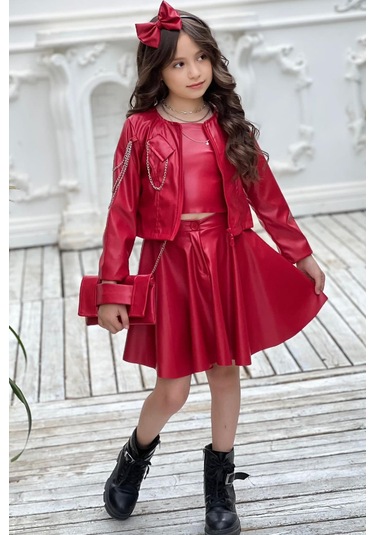 Riccotarz Kız Çocuk Zincir Detaylı Ceket Beli Manşetli Etek Ve Croplu Kırmızı Etekli Takım Kırmızı