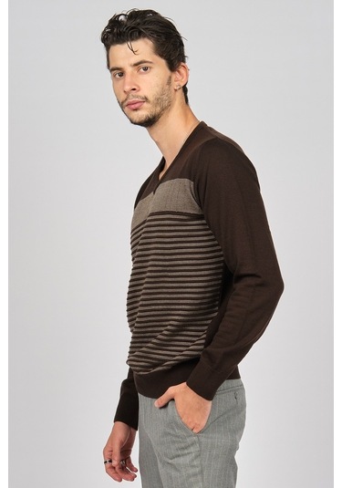 Desen Triko Erkek Desenli V Yaka Yün Kazak 0249640 Kahverengi Kahverengi