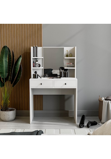 2210 Shıny Aynalı 2 Çekmeceli 80 Cm Makyaj Masası Beyaz