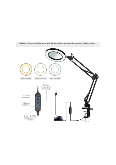 Neoglint Siyah 8x Büyüteçli Neoglint Esnek Kelepçeli Masa Lambası