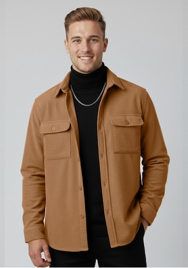 Deepsea Camel Cepli Likralı Kadife Kumaş Rahat Kesim Erkek Gömlek Yumuşak Dokulu, Şık Tasarım Gömlek 2600759 Camel