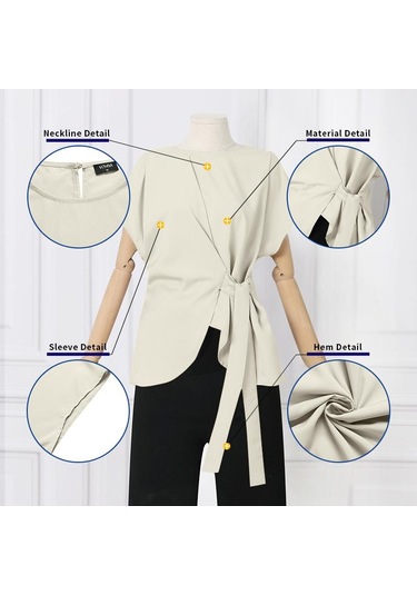 Bej Vonda Yaz Kadın Kısa Kollu Bisiklet Yaka Tunik Üstleri Rahat Düz Renk Pilili Bluz T-shirt S-5xl