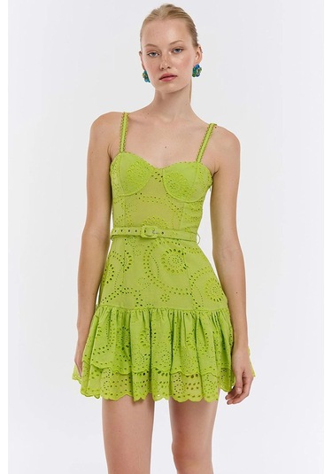 Askılı Dantel Güpür Kabartmalı Fırfırlı Sırtı Esnek Lastikli Mini Neon Fosfor Renk Yazlık Elbise Yeşil