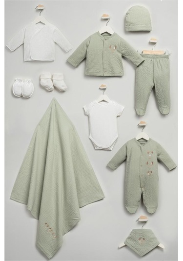 Bebitof %100 Pamuk Sevimli Köpekcikler Desenli 10 Parça Kutulu Yenidoğan Hastane Çıkışı Zıbın Seti Bbtf.ysl.10116 Yeşil