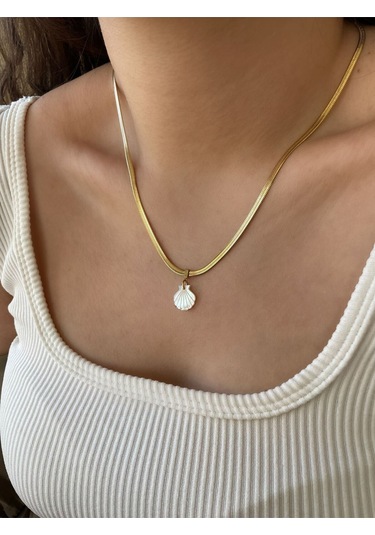 Sedef Taşlı Deniz Kabuğu İtalyan Zincir Çelik Kolye