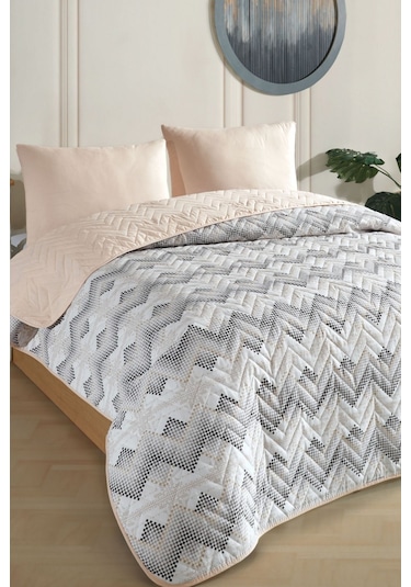Tek Kişilik Desenli Kapitone Çift Taraflı Renkli Pike Yatak Örtüsü Takımı 160x230 Cm Çarşafsız Bej