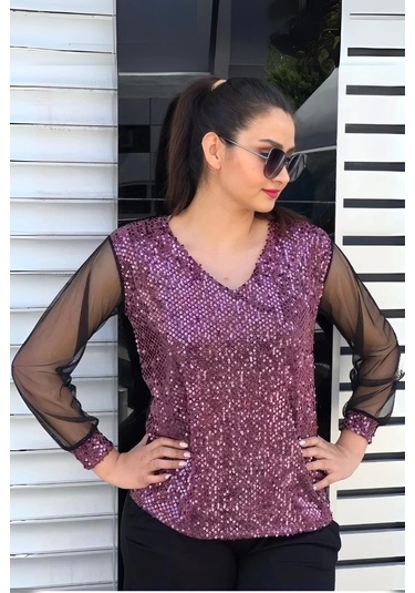 Pullu Kolları Tül Bluz Pembe