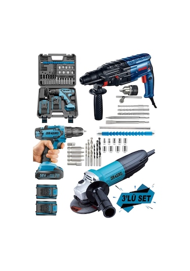 Dragro Alman DRG-3000 Pro 3000W Taşlama + 4200W Kırıcı Delici Hilti + 58V Şarjlı Matkap M 3'lü Set