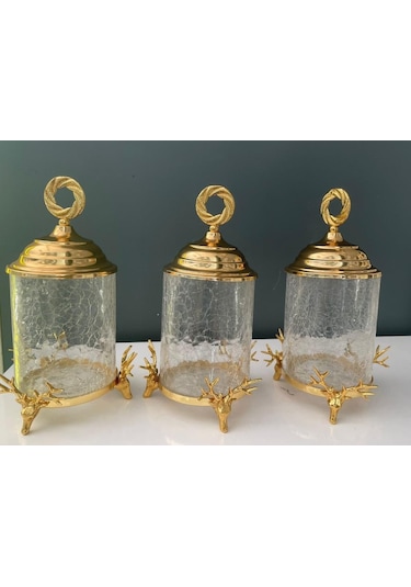 Hera Kristal 3 Lü Geyikli Kapaklı Kavanoz Seti Altın