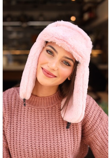 Çıtçıtlı Kürklü Kulaklıklı Peluş Bere Şapka Rkş-03 Pudra Pudra
