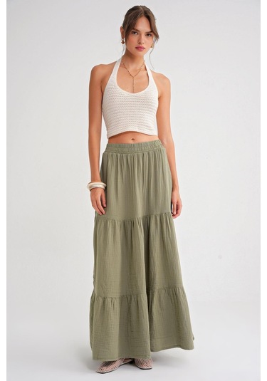 4567 Kadın Fırfırlı Uzun Müslin Etek Çağla Çağla Yeşili