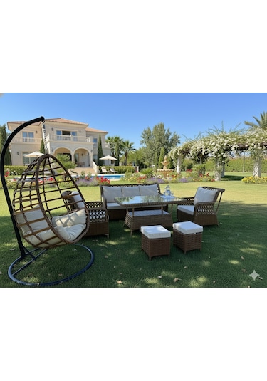 アソートmu Mimoza Deluxe 7 Parça Rattan Villa Bahçe Takımı - Yemekli Oturma