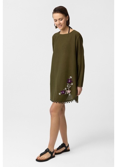 Yeşil Nakış İşlemeli Uzun Kollu Pamuklu Bluz Elbise Yeşil