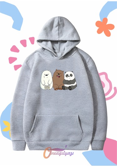 Çocuk Unisex Ayıcıklar Baskılı Oversize Kapüşönlü Sweatshirt Gri