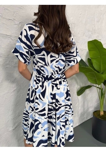 Baskılı Keten Elbise - Lacivert Lacivert