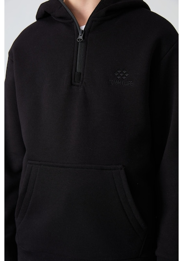 Tommy Life Siyah Pamuklu Kalın İçi Tüylü Yumuşak Dokulu Standart Fit Nakışlı Erkek Çocuk Sweatshirt - 11244 Siyah