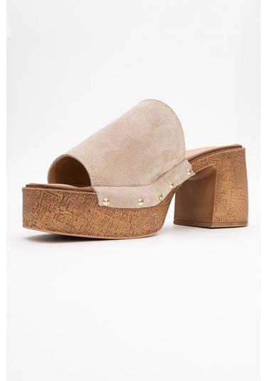 Pull Bej Süet Hakiki Deri Kadın Platform Topuklu Terlik Bej
