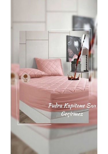 %100 Pamuk Set Renkli Alez Kapitone Sıvı Geçirmez Set - Pembe