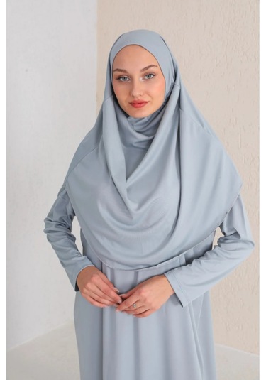 Tek Parça Namaz Elbisesi Gümüş Gri-21002 Gül Kurusu