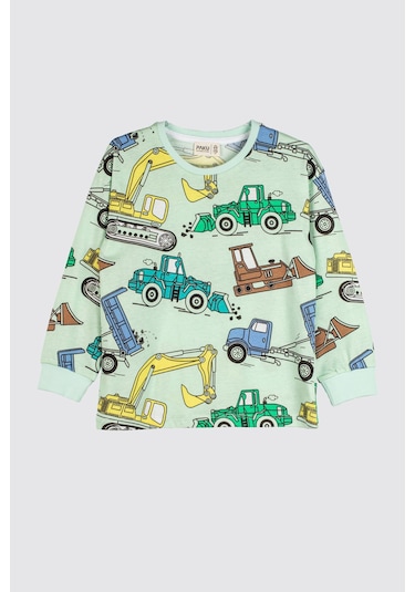 Zuzunga Ekskavatör Desenli %100 Pamuk Erkek Çocuk Pijama Takımı Mint