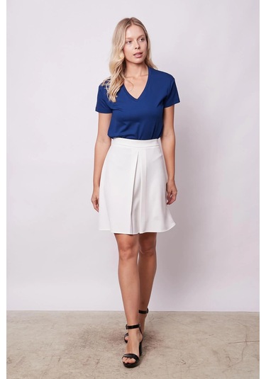 Kadın Yüksek Bel Hafif Likralı Kumaş Pilikaşeli Diz Boy Çan Etek-krem Krem