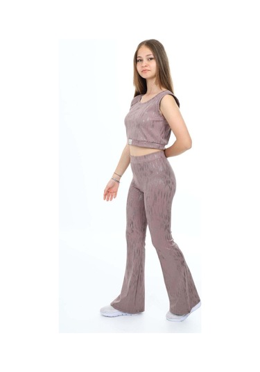 Kız Çocuk Kalın Askılı Tişört Modelli İspanyol Paça Taytlı Takım Pudra