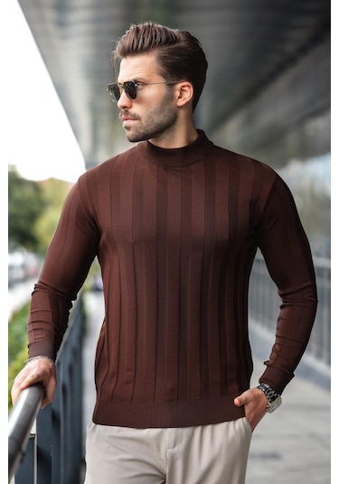 Kahverengi Yarım Balıkçı Erkek Triko Kazak E7423 Kahverengi