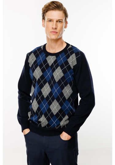 Desen Triko Erkek Sıfır Yaka Önü Baklava Desenli Kazak 24511 Koyu Lacivert Koyu Lacivert