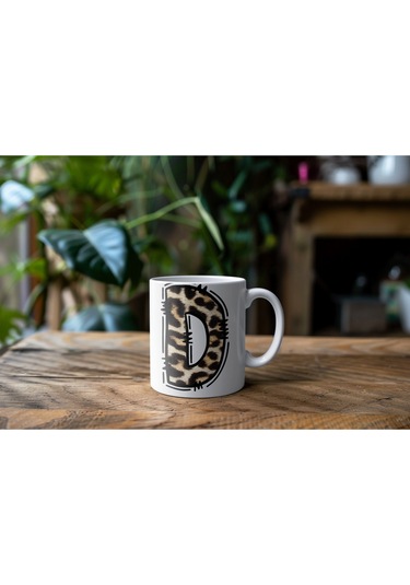 D Baş Harf Leopar Desenli Kupa Bardak - Kişiye Özel Feminen Konsept Hediye - Vahşi Hayvan Desenli Beyaz
