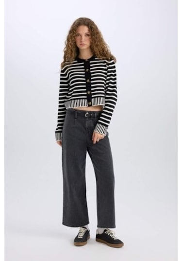 DeFacto Coool Regular Fit Çizgili Bisiklet Yaka Düğmeli Triko Hırka E2272AX24CWBK81 Siyah