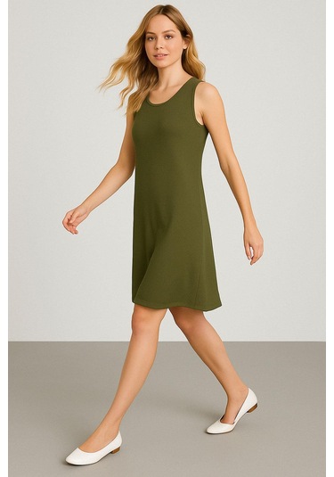 Modal Kumaş Rahat Kalıp Basic Günlük Elbise Haki