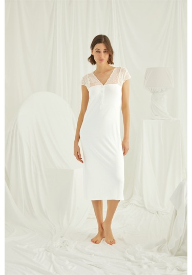 Monamise Kadın Kolu Omzu ve Yakası Dantelli Önü Düğmeli Gecelik 18455 Ekru