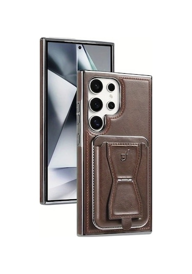 Turcoshop11 Galaxy S24 Ultra Manyetik Kartlık Yüksek Kalite Suni Deri Kılıf Brown