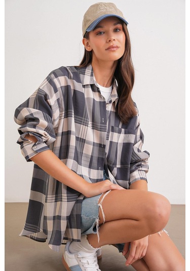 4752 Kadın Oversize Ekose Gömlek Antrasit Antrasit