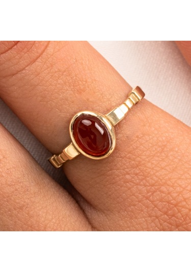 Gümüş Yüzük - Akik Taşlı Oval Kesim Boğumlu Tektaş Modern Tasarım 925 Ayar Gümüş Kadın Yüzük Sarı