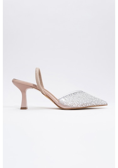 Whena Bej İncili Şeffaf Kadın Topuklu Ayakkabı Bej