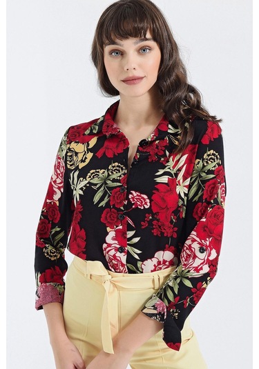 Kadın Siyah & Kırmızı Modern Tarz Çiçek Desenli Uzun Kollu Gömlek Siyah