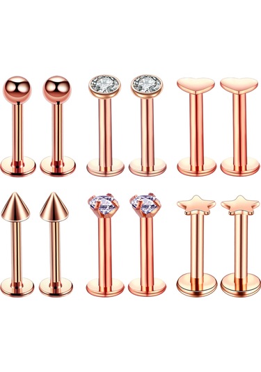 Vkemall 6 Çift Gümüş Çelik Gövde Delme Takımı - Gül Altın Renkli Dudak Piercingi, 1.2mm Çubuk Çapı, 8mm Uzunluk, 3-4mm Toplar Gold