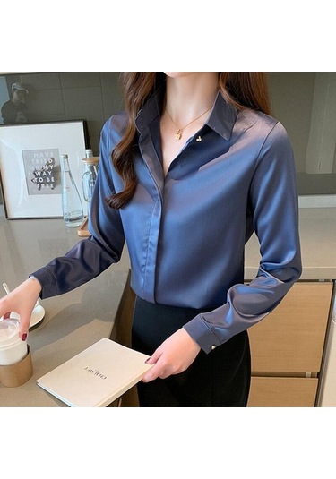 Novahub Sonbahar Uzun Kollu Ipek Kadın Gömlek Rahat Ofis Kadın Üstleri Katı Zarif Bluzlar Turn Down Yaka Katı Bluz Kadın Giyim Mavi - M Mavi