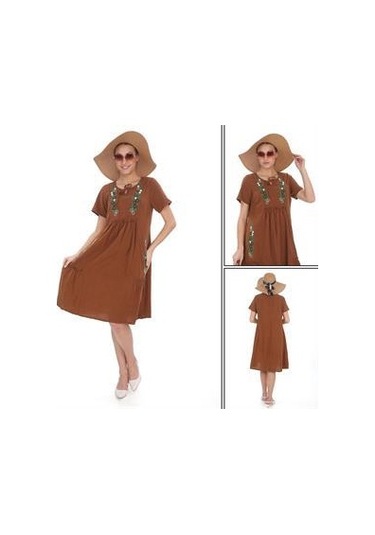 Yarım Kol Yuvarlak Yaka İşlemeli Keten Elbise-9166 Tarçın