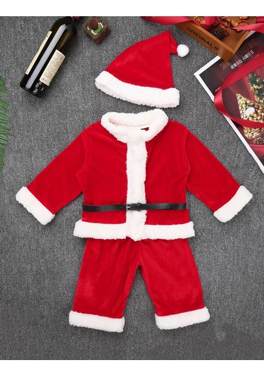Bebek Erkek Noel Noel Baba Kostüm Kıyafet Uzun Kollu Kadife Üst + Pantolon Takımı Kırmızı