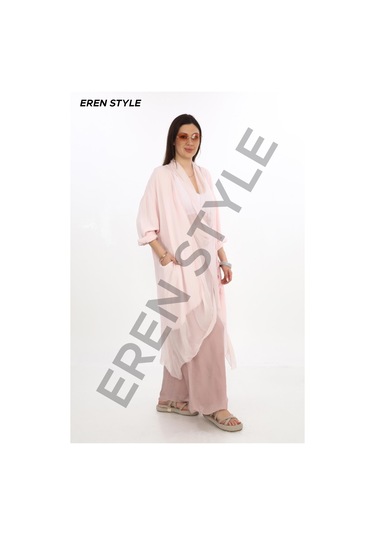 Italyan Ipek Detaylı Oversize Kaftan & Bluz-8711 Pudra