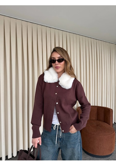 Laluvia Bordo Yakası Kürklü Hırka - 261002 Bordo