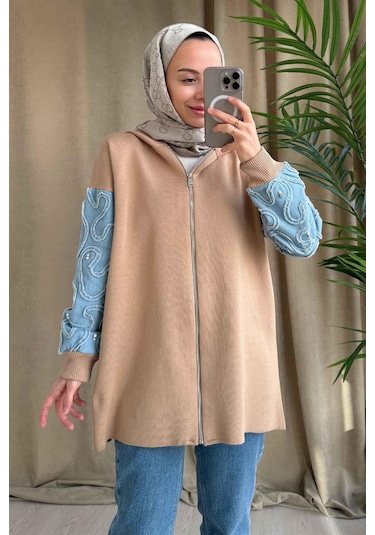 Ka Hijab Kolları Kot Detaylı Triko Hırka - Camel Camel