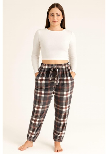 Kadın Ekose Desenli Cepli Paça Lastikli Kadife Tek Alt Füme Füme