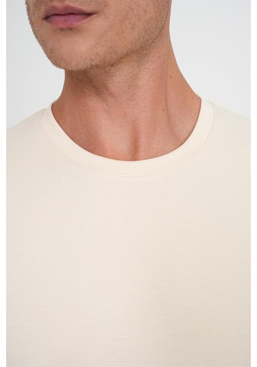 Comfort Fit Bisiklet Yaka Esnek Pamuk Casual Krem Tişört Ts 885 Krem