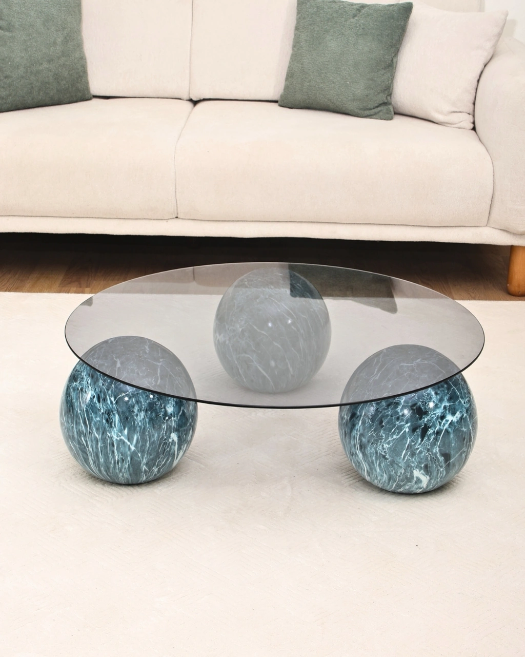 Modern Orta Sehpa & Küre Sehpa & Top Sehpa & Füme Yuvarlak Cam & Ocean Mavi