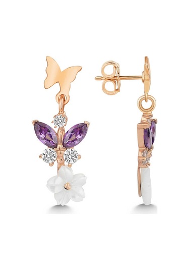 Caelo Gümüş Rose Mor Taşlı Sedef Çiçek Çivili Kadın Küpe